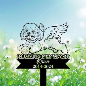 Personalized Playful Angel Bichon Frise with Ball Memorial Stake, Pet Sign, Bichon Frise Sign With Stake, Pet Loss Gift, Sympathy Sign