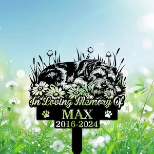 Personalized Schnauzer Dog Memorial Stake, Custom Schnauzer Sleeping on Daisy Flowers Metal Grave Marker, Remembrance Stake, Dog Lover Gift