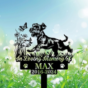 Personalized Schnauzer Dog Memorial Stake, Custom Schnauzer Chasing Butterfly Metal Grave Marker, Remembrance Stake, Dog Lover Gift