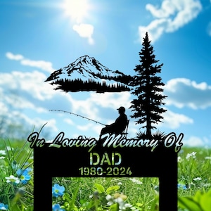 Custom Fisherman Mountain Scene Memorial Garden Stake, Fisherman Memorial Metal Stake, In Memory of Fisherman, Grave Marker