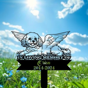 Custom  Dog Memorial Stake, Angel Bichon Frise Lying Grave Marker, Metal Garden Sign with Dog Name, Pet Loss Gift, Yard Decor,Dog Lover Gift