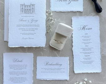 Personalized wedding invitation with location details, handmade paper, vintage style, personalized invitation set, handmade paper