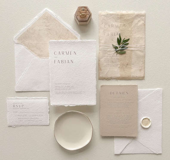 Hochzeitseinladung Büttenpapier, Hochzeitseinladung individuell, Einladung Set Hochzeit personalisiert, beige, Natur