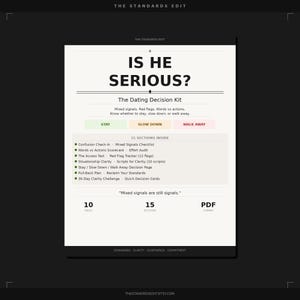 Puede incluir: Un PDF digital titulado "¿Es Serio?" con texto sobre decisiones de citas. El documento blanco tiene secciones sobre señales mixtas, banderas rojas y acciones. Incluye listas de verificación, hojas de puntuación y guiones. El documento tiene 10 páginas y 15 secciones.