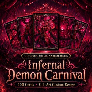 May include: A custom commander deck featuring five playing cards with dark red and black artwork. The cards display demonic figures and the text "Infernal Demon Carnival" with "100 Cards + Full-Art Custom Design".
