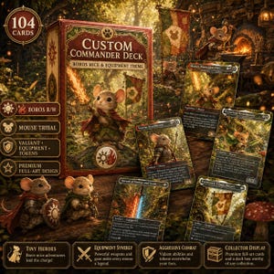 May include: A custom commander deck with a Boros Mice & Equipment theme. The box and cards feature illustrations of mice warriors with weapons and armour. The deck includes 104 cards with premium full-art designs.