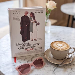Puede incluir: Un libro de tapa dura titulado Draco Malfoy & The Mortifying Ordeal of Being in Love, con una ilustración de dos personajes, una taza de café con leche con arte de espuma en forma de corazón sobre un plato con cuchara y gafas de sol rosa claro.
