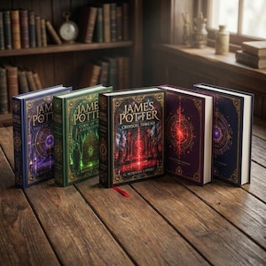 May include: Five hardcover books titled James Potter by G. Norman Lippert, featuring ornate gold-embossed covers in blue, green, black, purple, and dark blue, arranged in a row on a wooden surface with visible titles and intricate magical artwork.