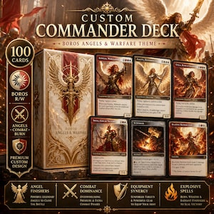 Könnte beinhalten: Ein Custom Commander Deck mit dem Thema Boros Angels & Warfare. Das Deck enthält 100 Karten und zeigt Engel-Artwork. Die Box ist gold und rot mit dem Text "BOROS ANGELS & WARFARE". Das Deck enthält Karten mit Engel-Illustrationen und Text wie "Aurelia, Warleader".