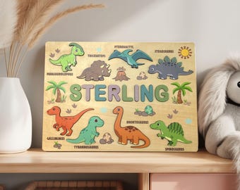 Personalized Wooden Name Puzzle with Dinosaur, Montessori Baby Toy, 1st Birthday Gift, Baby Shower Gift, Baby 1st Christmas Gift for Kids