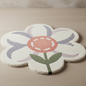 Whimsical Flower-Shaped Hand Tufted Wool Rug – Soft Pastel Kids Room or Nursery Decor.