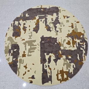 Hand Tufted Abstract Round Wool Rug, Modern Area Rug, Neutral Beige Brown Carpet, Organic Pattern Floor Rug, Living Room Decor
