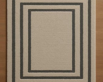 Hand-Tufted Wool Area Rug: Beige with Charcoal Border, Minimalist Geometric Design