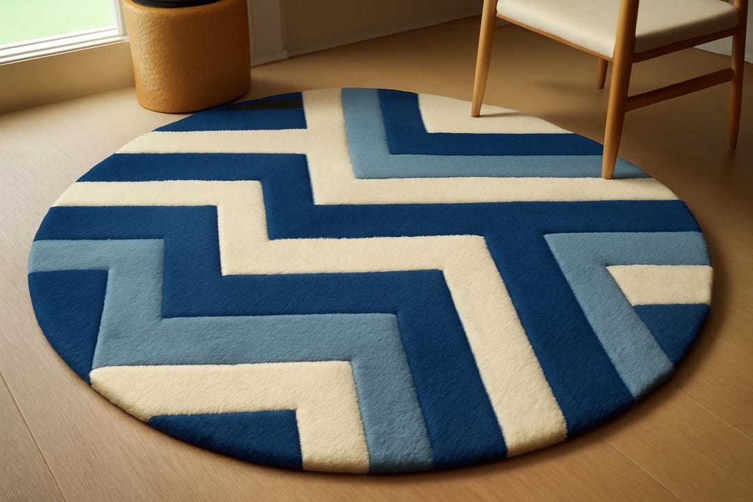 Modern Geometric Round Hand-tufted Rug – Blue & White Chevron Pattern ...