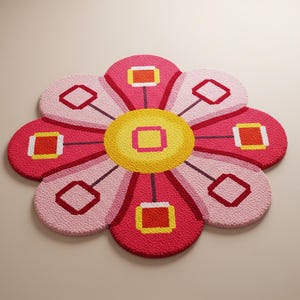 Retro Flower Power Hand-Tufted Rug – Bold Pink & Yellow Petal Design, Playful Modern Decor.