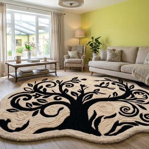 Hand Tufted Wool Rug Tree of Life Shape Carpet Black and Beige Botanical Floor Mat Unique Bird Leaf Area Rugs for Living Room Bedroom Decor