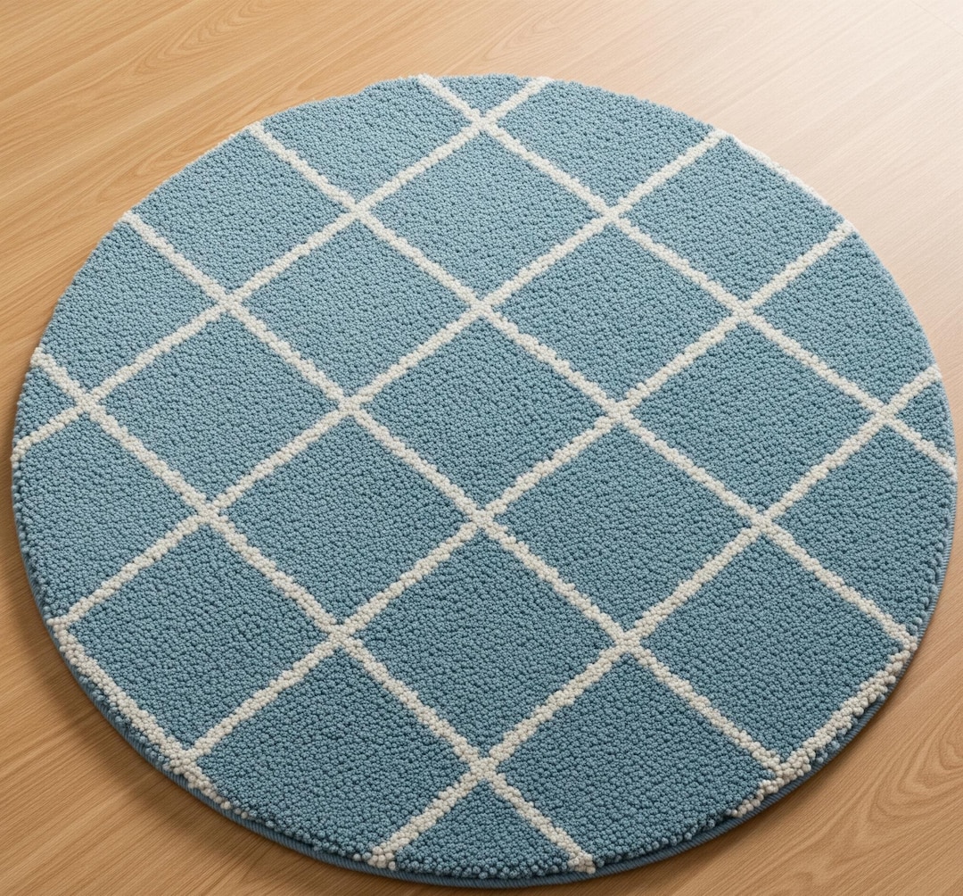 Hand-tufted Wool Circle Rug: Soft Blue Grid Pattern, Modern Accent - Etsy