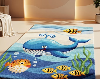 Hand-Tufted Wool Kids Rug: Under the Sea Nursery Playroom Decor