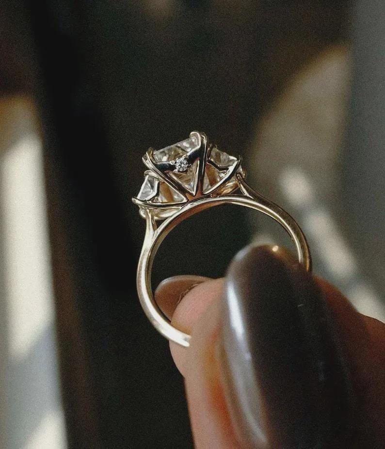 Emerald Cut Lab Grown Diamond Three Stone Ring | 14K Yellow Gold ...