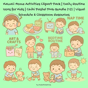 Puede incluir: Una colección de ilustraciones prediseñadas de estilo kawaii que representan a niños en actividades diarias. Las imágenes incluyen iconos para arte y manualidades, la hora de acostarse y la siesta, con superposiciones de texto. El fondo es de color verde claro.