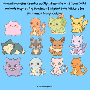 Clipart-paket med kawaii-monstervarelser – 12 söta chibi-djur inspirerade av Pokémon | Digitala PNG-klistermärken för planerare och scrapbooking