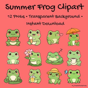 May include: A collection of 12 cartoon frog clip art images on a red background. The frogs are green and depicted in various summer scenes, holding items like watermelon, ice cream, and flowers. Text at the top reads "Summer Frog Clipart" and "Instant Download."