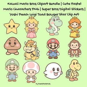 Puede incluir: Una colección de personajes kawaii y pastel de Mario Bros, incluyendo a Mario, Luigi, Peach y Yoshi. La imagen presenta una estrella, un hongo y un fantasma, todos en estilo kawaii. El texto en la parte superior dice "Kawaii Mario Bros Clipart Bundle".