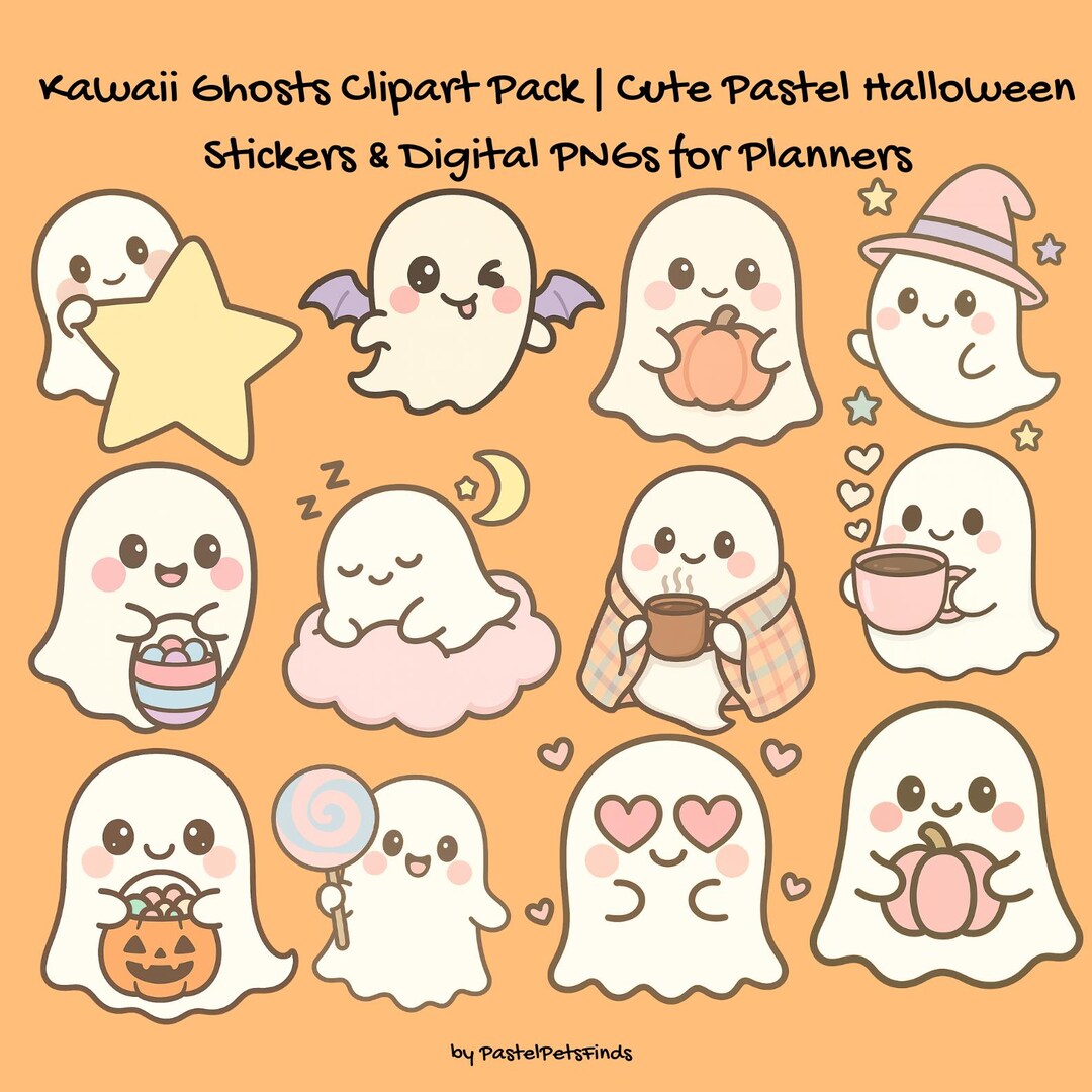 Kawaii Ghost Clipart Pack | Cute Halloween PNG Bundle | Pastel Ghost ...