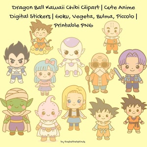 Puede incluir: Ilustración digital de personajes de Dragon Ball en estilo chibi kawaii. La imagen incluye a Goku, Vegeta, Bulma, Piccolo, y otros. El texto superior dice: "Dragon Ball Kawaii Chibi Clipart | Cute Anime Digital Stickers | Goku, Vegeta, Bulma, Piccolo | Printable PNG".