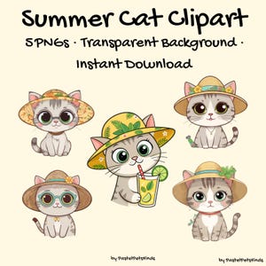 Puede incluir: Ilustración digital con cinco gatos de dibujos animados con sombreros de verano. Los gatos son grises y blancos con ojos grandes. Un gato sostiene una bebida con una pajita. El texto en la parte superior dice "Summer Cat Clipart".