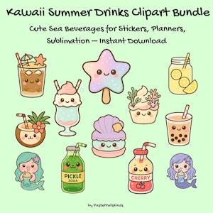Puede incluir: Una colección de imágenes prediseñadas de bebidas de verano kawaii. La imagen incluye una variedad de bebidas lindas, como un helado en forma de estrella, una bebida de coco y un refresco de cereza. El texto en la imagen dice "Kawaii Summer Drinks Clipart Bundle" y "Cute Sea Beverages for Stickers, Planners, Sublimation - Instant Download."