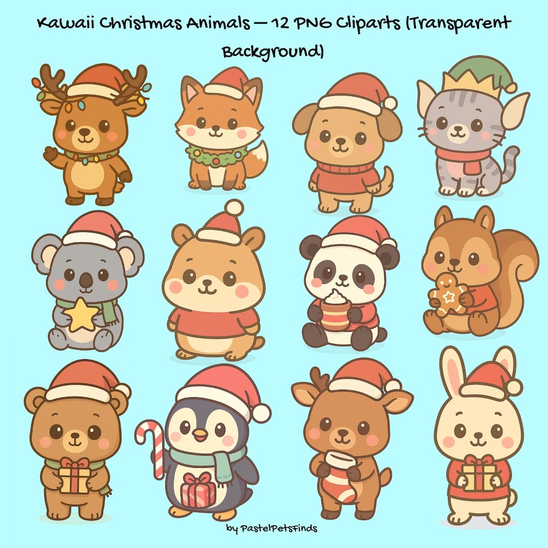 Kawaii Christmas Animals – 12 PNG Cliparts Cute Holiday Animals • Santa ...