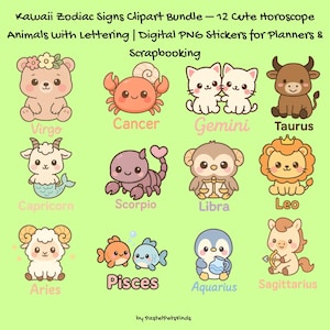 Lot de cliparts kawaii avec signes du zodiaque – 12 adorables animaux de l&#39;horoscope avec lettrage | Autocollants PNG numériques pour agendas et scrapbooking