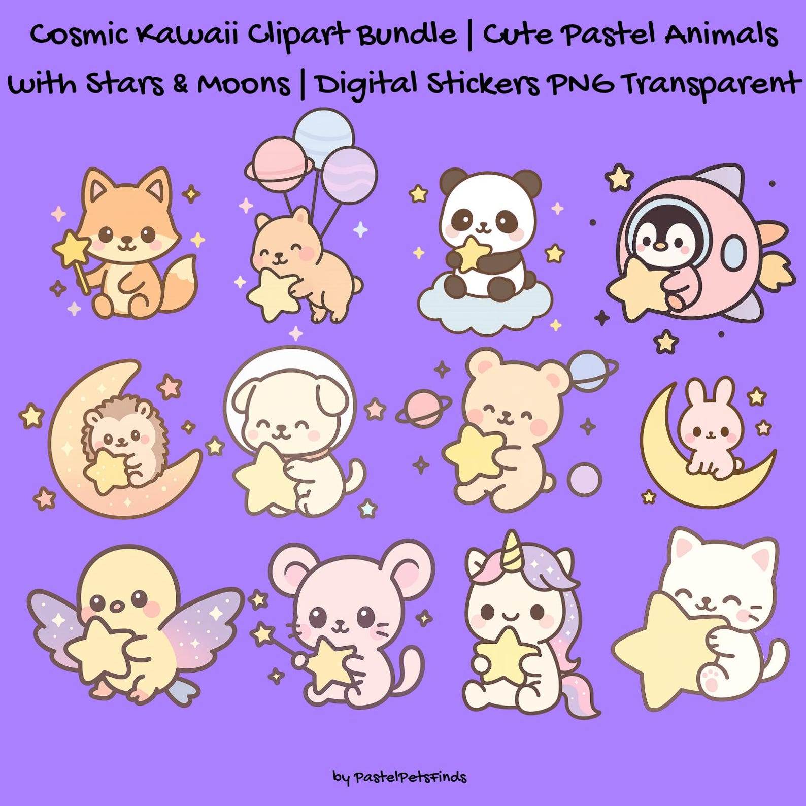Cosmic Kawaii Clipart Bundle | Cute Pastel Animals With Stars & Moons ...