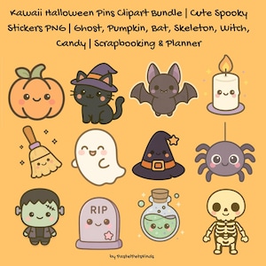 Puede incluir: Un conjunto de imágenes prediseñadas de Halloween kawaii. Incluye una calabaza sonriente, un gato negro con sombrero de bruja, un murciélago, una vela, una escoba, un fantasma, un sombrero de bruja, una araña, Frankenstein, una lápida, una botella de poción y un esqueleto. Texto: "Kawaii Halloween Pins Clipart Bundle".