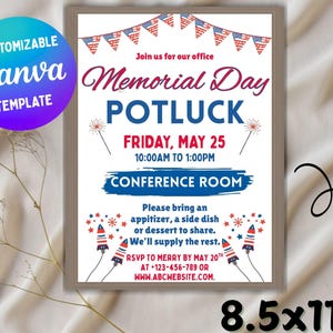 May include: A framed 8.5x11 inch Memorial Day Potluck invitation. The design features red, white, and blue colors with patriotic bunting and firework graphics. The text includes event details such as date, time, and RSVP information.