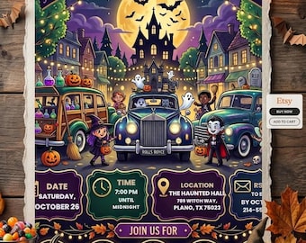 Halloween Costume Party Invitation, Kids Trick or Treat Party Invite, Editable Printable Canva Template