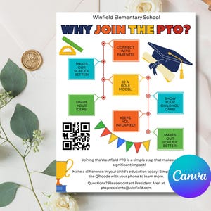 Op de afbeelding: Een kleurrijke flyer voor de PTO van Winfield Elementary School, met de tekst "WHY JOIN THE PTO?" en een diagram met voordelen zoals contact met ouders. Bevat een QR-code en contactgegevens.