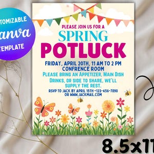 May include: A colorful invitation for a Spring Potluck, featuring the text "Spring Potluck" in large pink letters. The invitation includes details such as the date, time, and RSVP information. The design includes floral and butterfly illustrations, and measures 8.5x11 inches.