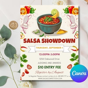 May include: A promotional flyer for a "Salsa Showdown" event. The design features a bowl of salsa, lime, and vegetables. Text includes event details: date, time, location, and entry fee. The flyer is decorated with illustrations of peppers and tomatoes.