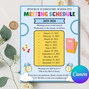 Editable PTA PTO Meeting Schedule Flyer: Printable School Calendar (Digital Download)