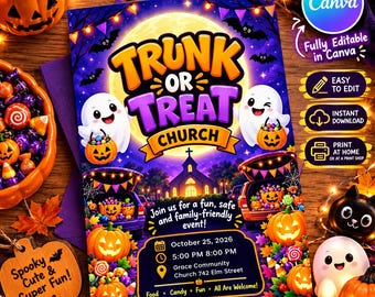 Editable Trunk or Treat Church Flyer, Halloween Event Template (Canva)