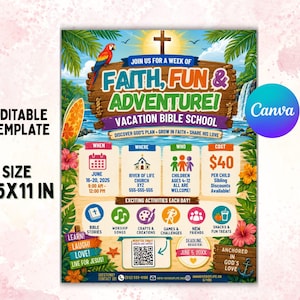 May include: A tropical-themed Vacation Bible School flyer template measuring 8.5x11 inches. The design features a wooden sign reading Faith, Fun & Adventure, a parrot, palm trees, a waterfall, and icons for activities like crafts and snacks.