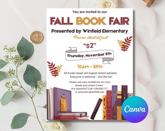 Editable Fall Book Fair Flyer: School Fundraiser Invitation (CANVA Template)