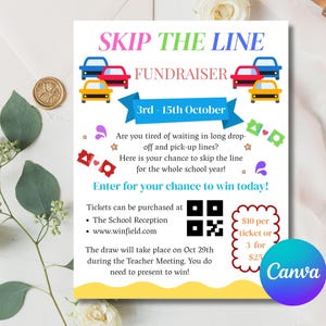 Skip the Line Fundraiser Flyer Template: Editable School PTO PTA Invitation (Canva, Digital Download)