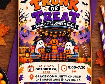 Editable Trunk or Treat Invitation, Halloween Church Event Flyer Template