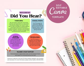 Editable PTO PTA Flyer Template: School Fundraiser, Canva DIY (Digital Download)
