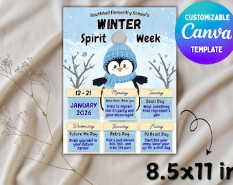 Editable Winter Spirit Week Flyer Template, School Spirit Schedule, Canva