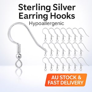 May include: A selection of sterling silver earring hooks, with the text "Sterling Silver Earring Hooks" and "Hypoallergenic" in black font. The hooks are silver and have a simple, elegant design. The image also includes an orange rectangle with the text "AU STOCK & FAST DELIVERY".