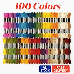 May include: A display of 100 embroidery floss skeins in a spectrum of colours, neatly arranged. The text "100 Colors" is displayed in red at the top. The floss colours include pinks, purples, blues, greens, yellows, oranges, and browns.
